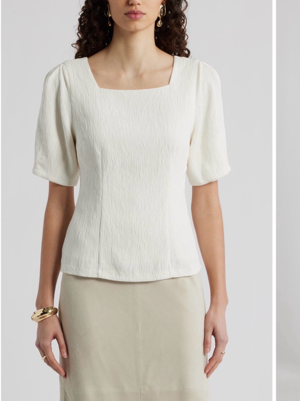 NWT Nordstrom Ivory Textured Square-Neck Short Sleeve Blouse